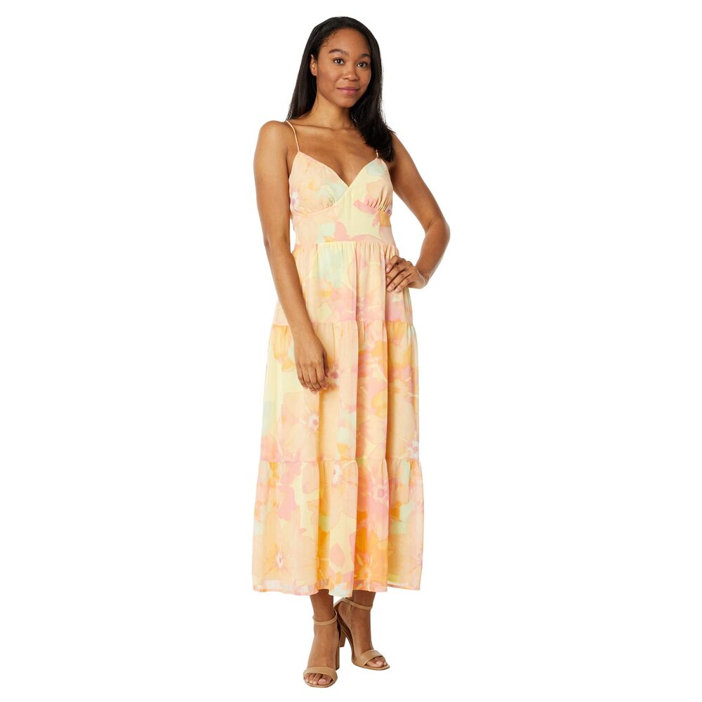 WAYF Cami Lace-Up Back Tiered Maxi Dress Yellow Orchid XS